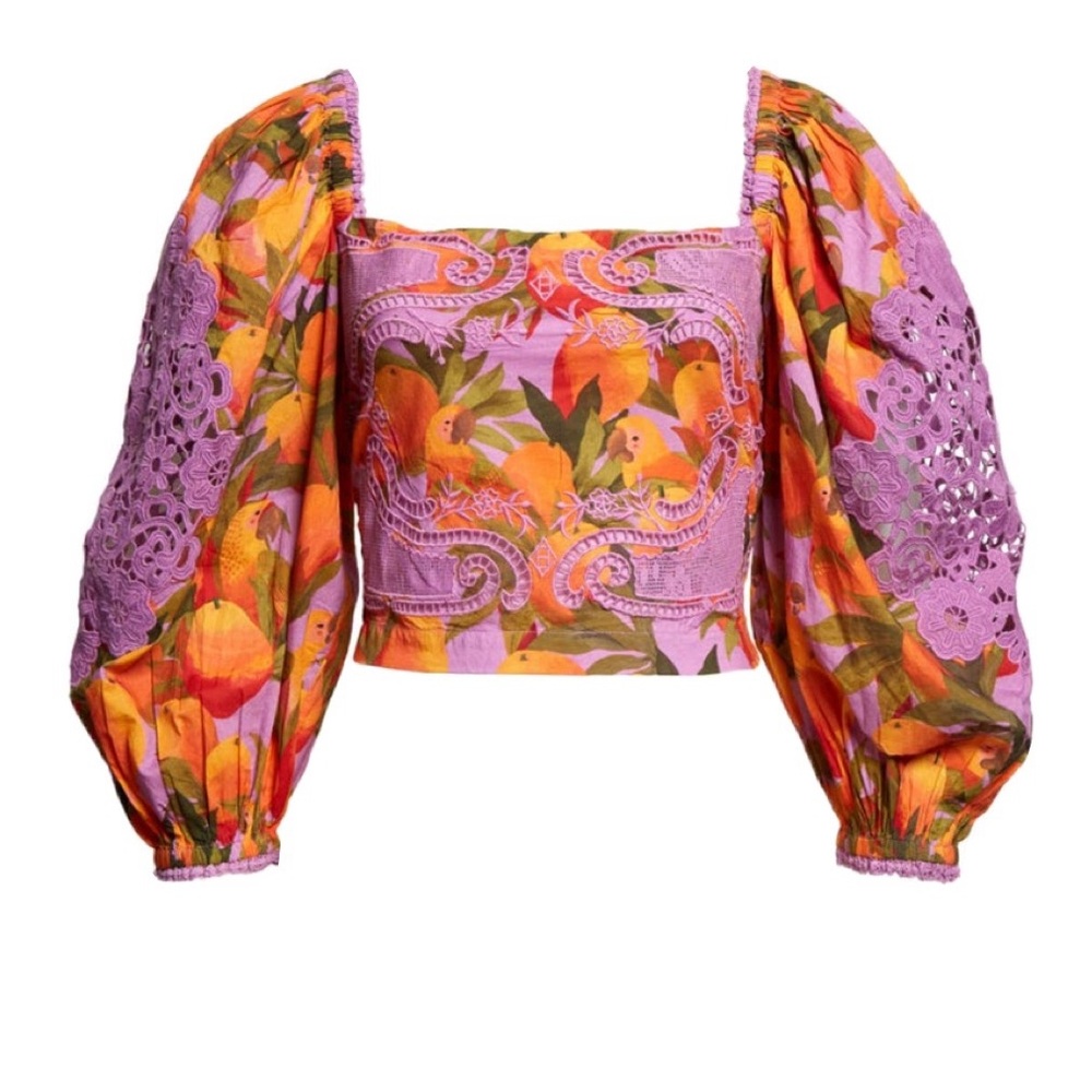 Farm Rio Mango Macaws Smocked Puff Sleeve Top